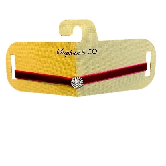 Velvet Cherry Red Clear Round Rhinestone Accent and Adjustable Chain Closure - Picture 2 of 8